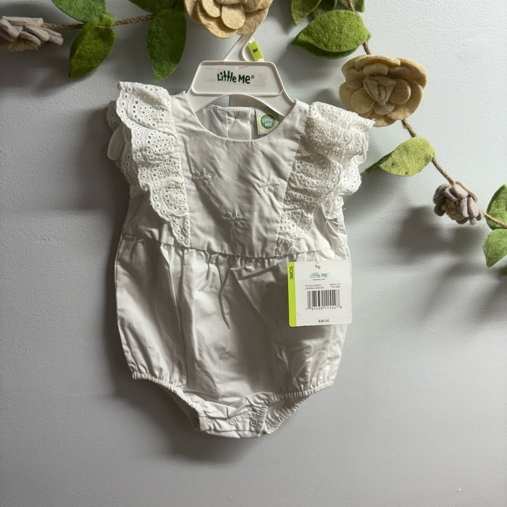 Little Me Ivory Baby Romper with Eyelet Ruffles and Headband